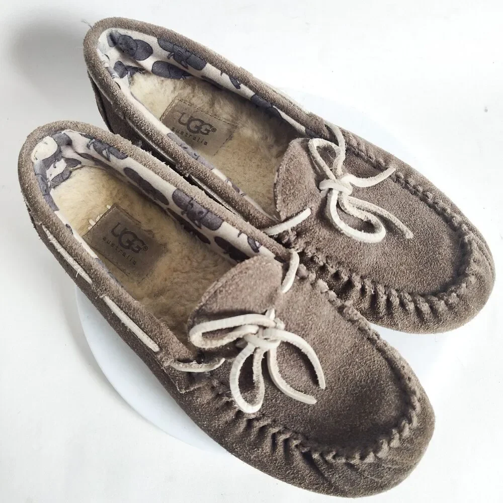 UGG Kids Gray Suede Faux Fur‎ Ryder Jungle Moccasin Slippers 1005160K US Size 4